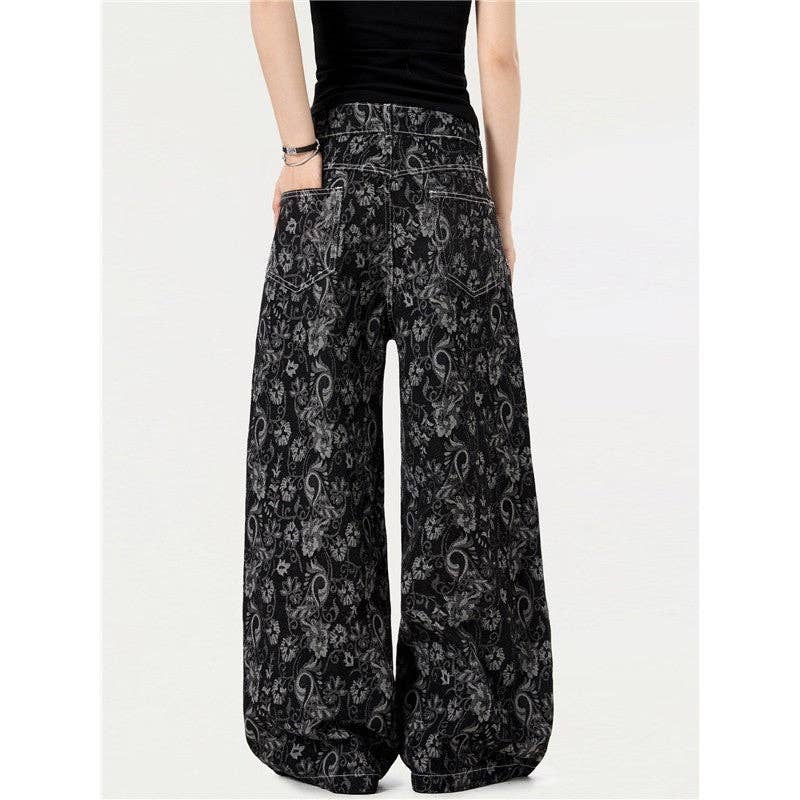 NERO Jeans a gamba larga e ampia con stampa a motivo vintage in vendita all'ingrosso su Faire3