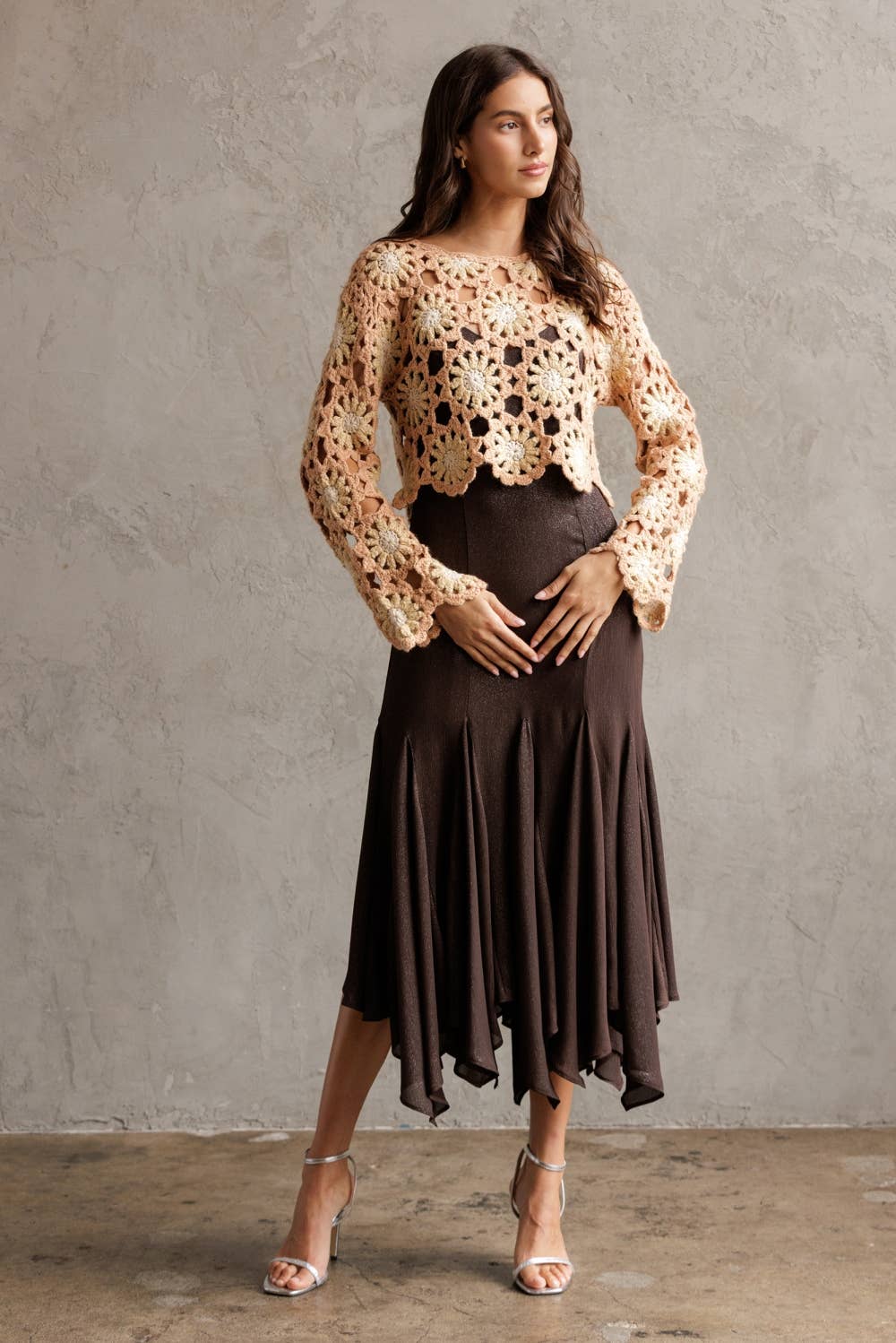 STORIA - Wholesale Knit Sweater - Women's - JT4104-1-CROCHET FLOWER LONG SLEEVE CROP TOP0