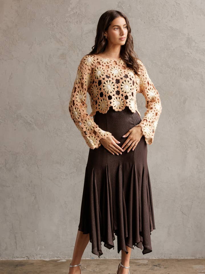 STORIA - Wholesale Knit Sweater - Women's - JT4104-1-CROCHET FLOWER LONG SLEEVE CROP TOP0