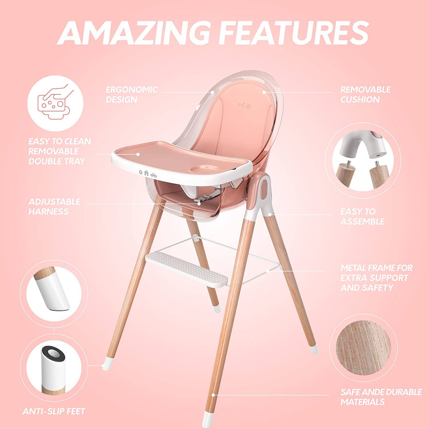 Children of Design - Vente Chaise haute – bébé - Chaise Haute Deluxe 6 en 1 Children of Design - Rose avec Coussin6