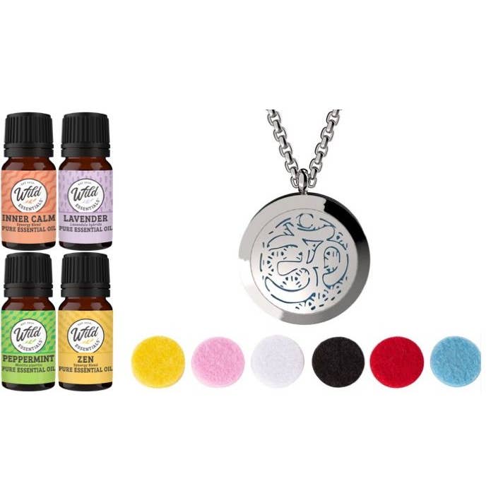 Aum Steel Diffuser Necklace Set w/ 12 color pads & 4 oils for wholesale by Wild Essentials