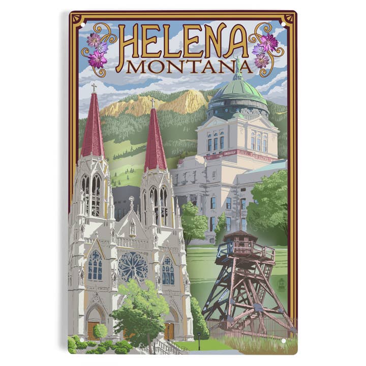 Lantern Press - Wholesale Sign - METAL SIGN ART Helena, Montana, Town Views