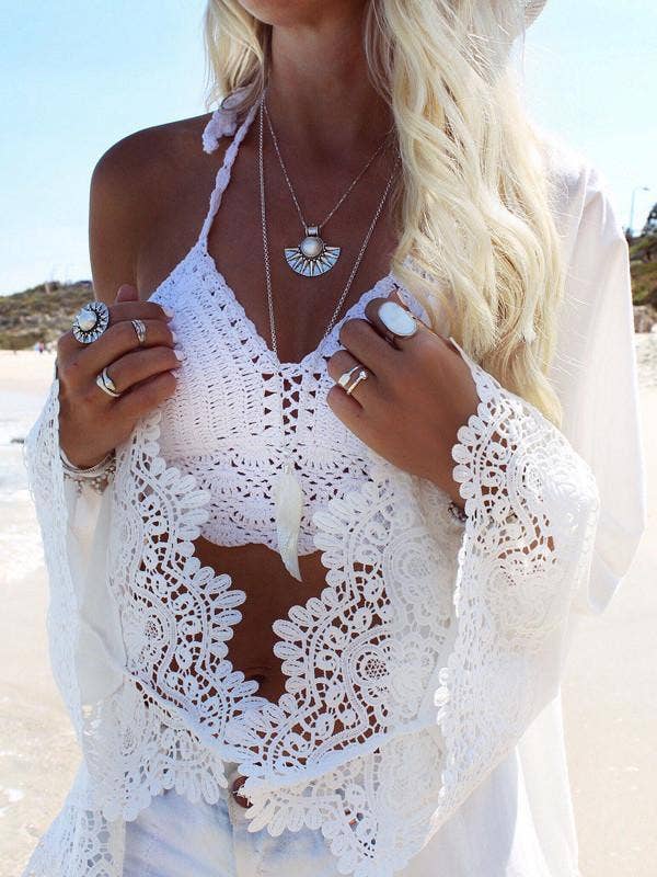 BIANCO Top Cardigan da Spiaggia Bohemia Bianco con Maniche in Pizzo e Stampa di Aquila Mini in vendita all'ingrosso su Faire2