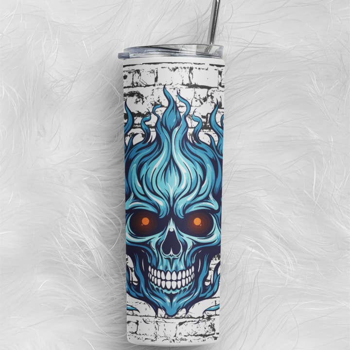 Blue Flame Skull 20 Ounce tumbler with Metal Straw for wholesale by Flaming Profanities