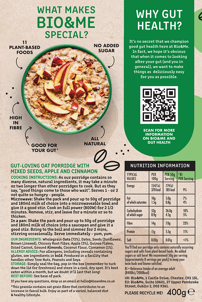 Bio & Me – wholesale Breakfast cereal – Apple & Cinnamon Gut-Loving Prebiotic* Porridge - 400g3