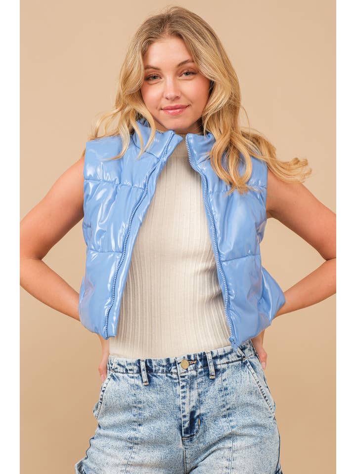 Blue B - Wholesale Outerwear Vest - Women's - 22656J - Gloss Shiny PU Quilted Puffer Zip Up Crop Vest55