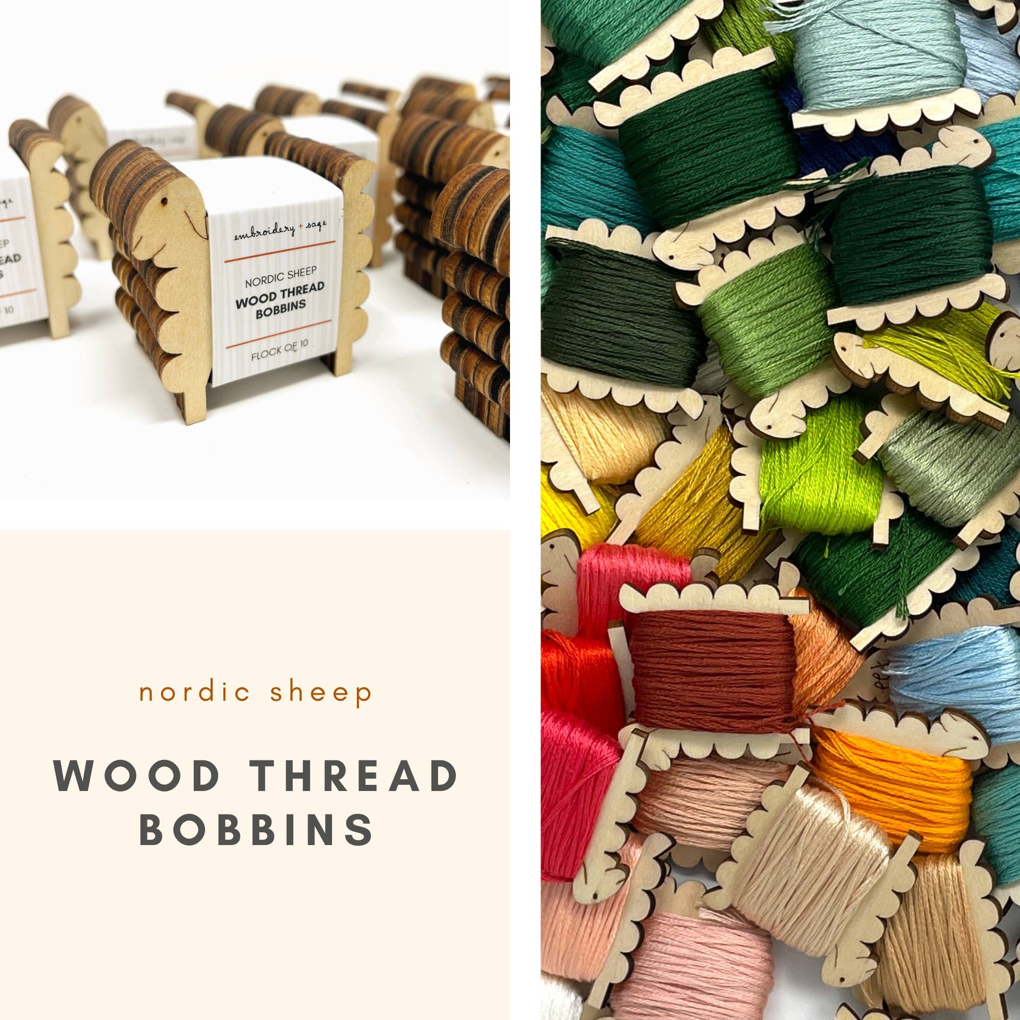 Embroidery and Sage – wholesale Material för broderi/korsstygn – NYHET! Nordic Sheep trådrullar i trä - Set med 104