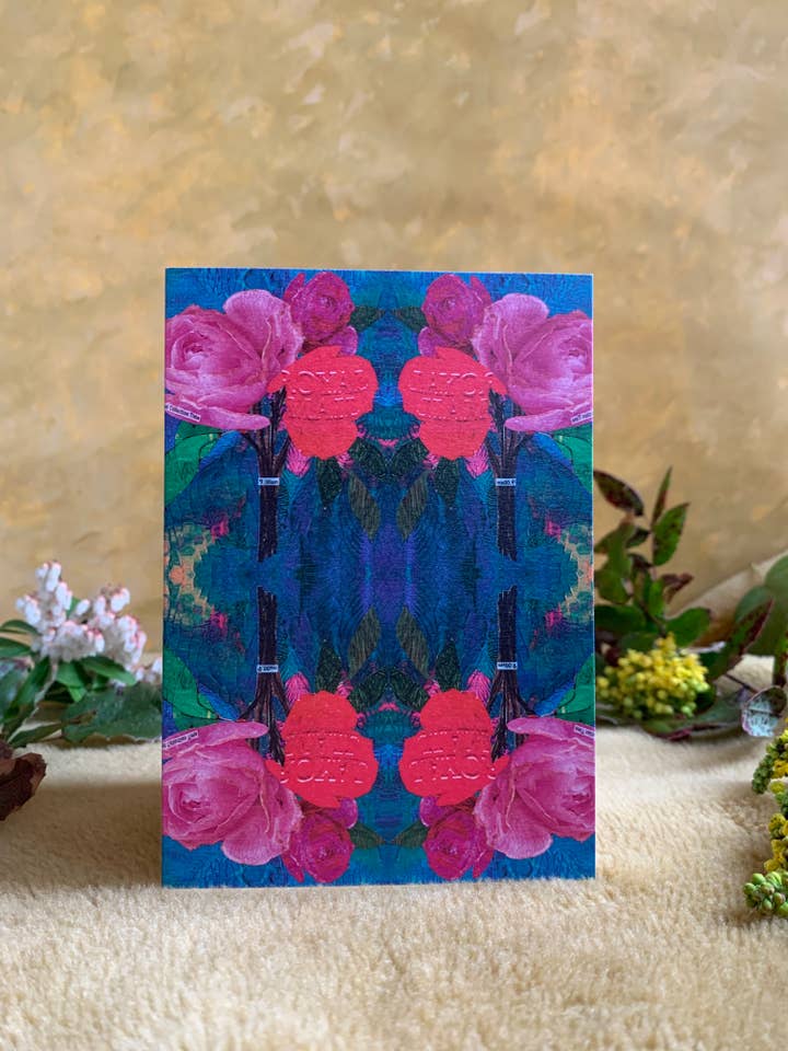 A6 blomsterlykønskningskort, collagekort, blåt kort for engroshandel hos Mahin Hussain