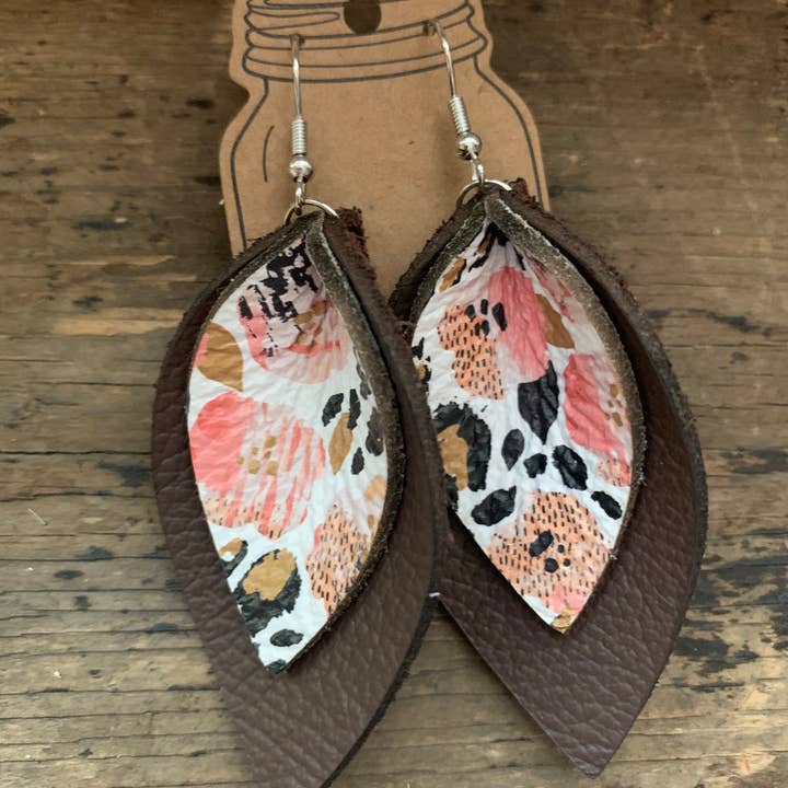 Brown Leopard Floral Double Layered Leather Earrings for wholesale by Jill's Jewels