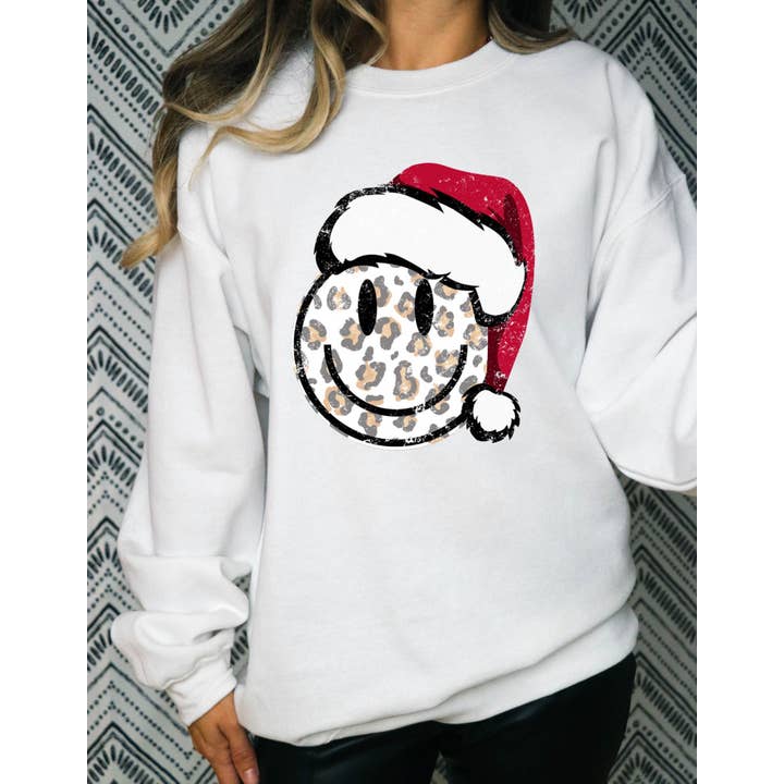 Smiley Christmas hat leopard crewneck sweatshirt for wholesale by Davis Designs