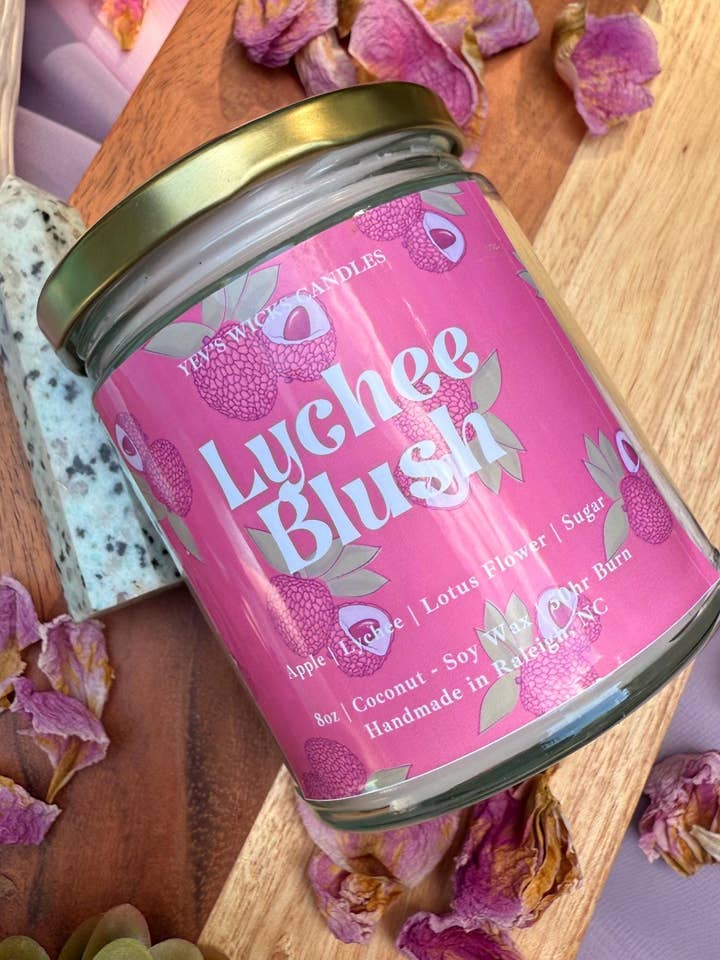 Lychee Blush Coconut-Soy Wax Candle with Flowers & Crystals for wholesale by Yev's Wicks