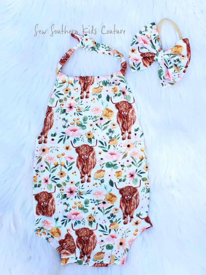 Sew Southern Kids Couture - Wholesale Bodysuit (Non-Footed) - Baby - Baby Girl Highland Cow Halter Romper