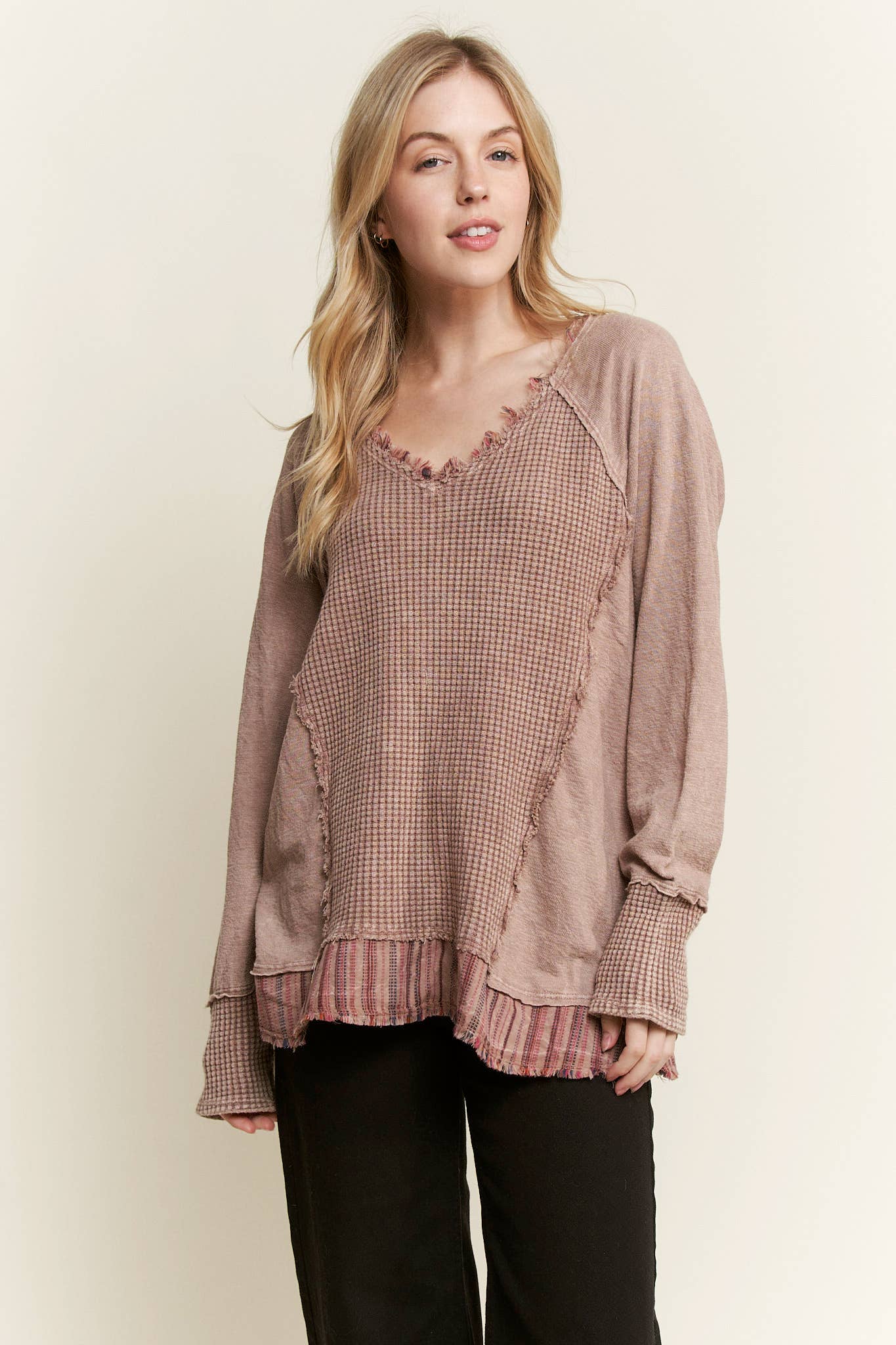 J.Her - Wholesale Knit Top - Women's - MineralWash Frayed stripe Waffle Melangie knittop  HT59115