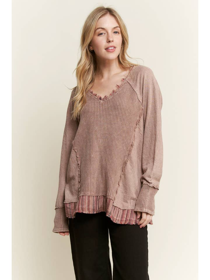 J.Her - Wholesale Knit Top - Women's - MineralWash Frayed stripe Waffle Melangie knittop HT59115