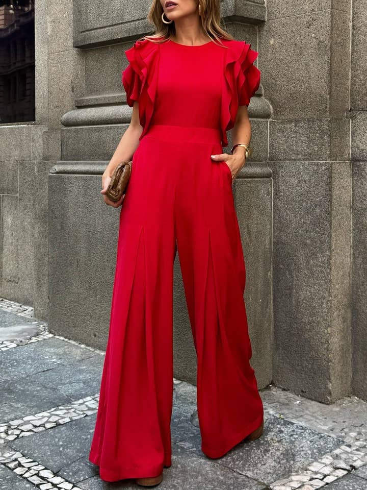 RED round neck ruffle short sleeve jumpsuit for wholesale on Faire1