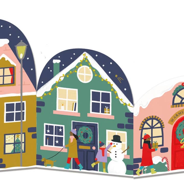 Concertina-Weihnachtskarte mit Christmas Houses Scene für den Großhandel von Zoe Spry