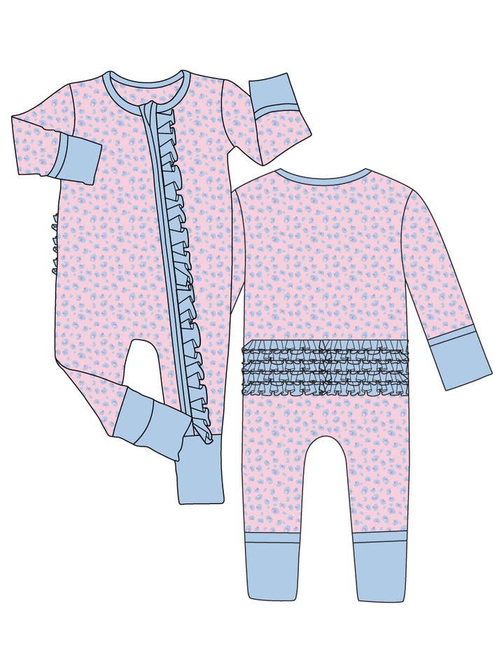 Laree + Co. - Wholesale Sleepsuit - Baby - Lillian Leopard Bamboo Ruffle Triple-Zip Convertible Footie