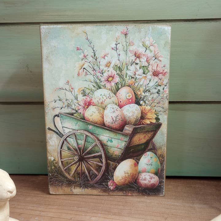 Easter Wood Block Sign - Small - Green Egg Cart for wholesale by Bluegrass Burlap Co