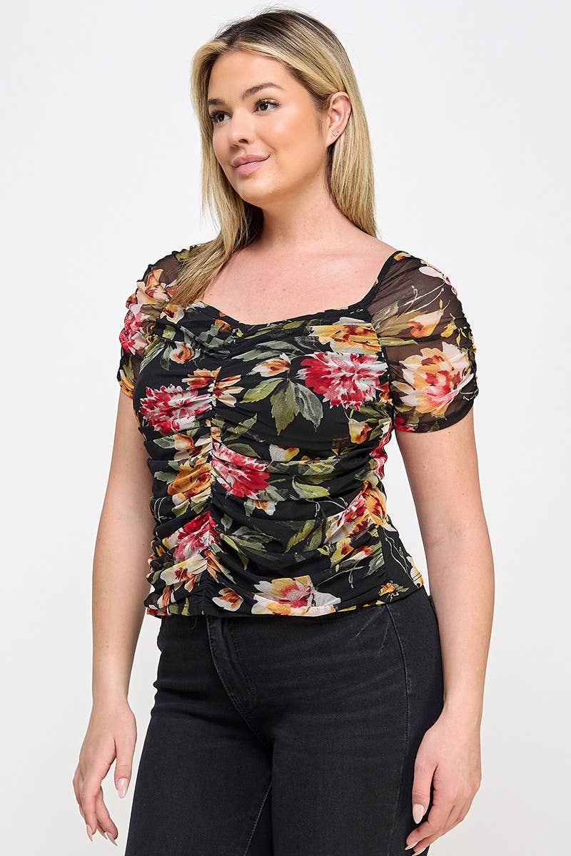Haute Fox Plus Size & Contemporary - Wholesale Blouse - Women's - Plus Size Mesh Floral Print Ruched Top - WG18420-T3