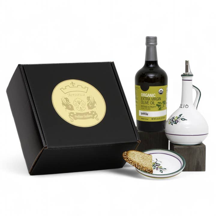 GIFT BOX: With Deruta Olive Oil Dispenser + Saucer/Dipping Bowl + EVOO bottle - OLIVE design for wholesale by Artistica - Deruta of Italy