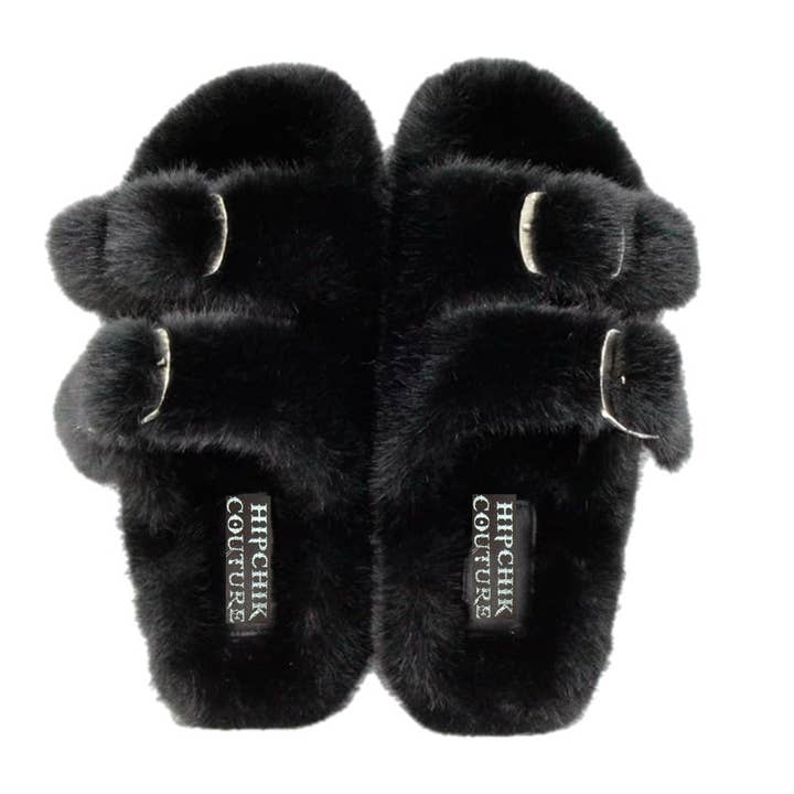 Faux Luxe Fur Sandals Black for wholesale by Hipchik