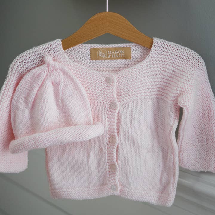 Hand-Knit Baby Sweater in Baby Pink for wholesale by Maison d' Haiti