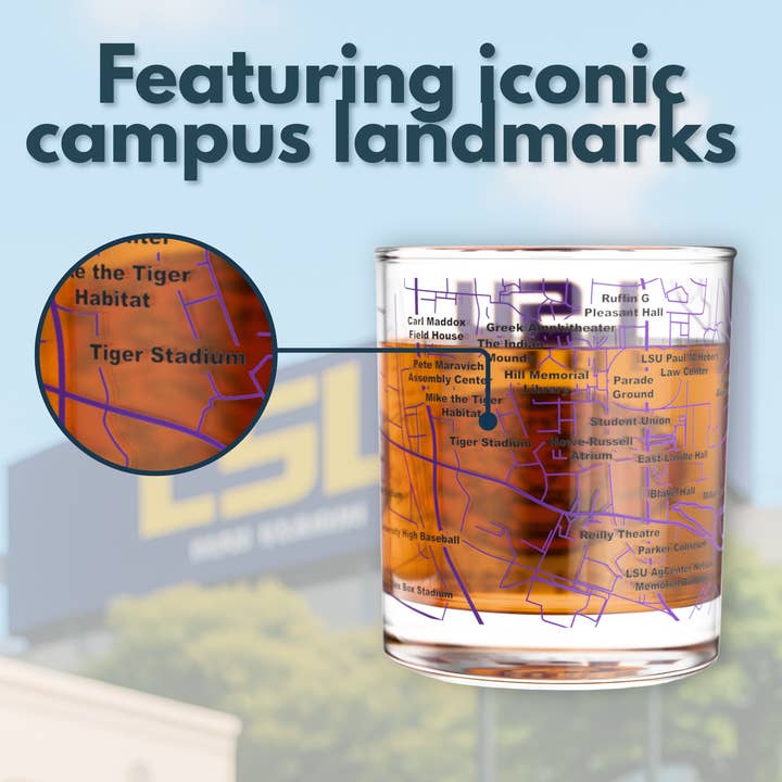 Greenline Goods - Wholesale Cocktail/Liquor Glass - University of LSU Tigers College Whiskey Glasses (Set of 2), 10 oz – Full-Color Logo + Campus Map2