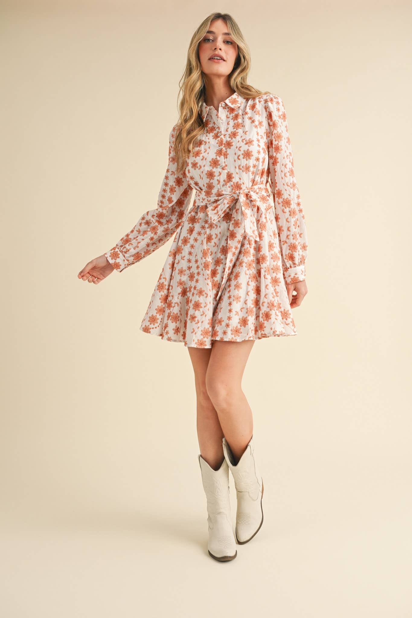 &MERCI - Wholesale Dress - Women's - FLORAL EMBROIDERY BUTTON DOWN FLARED MINI DRESS MDR342713
