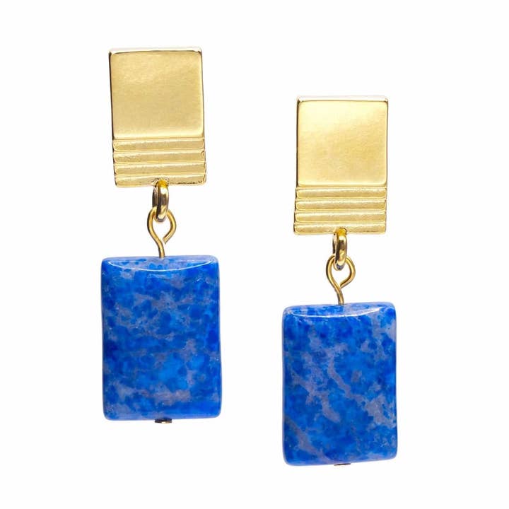 gold layered square + denim lapis earrings for wholesale by VUE by SEK