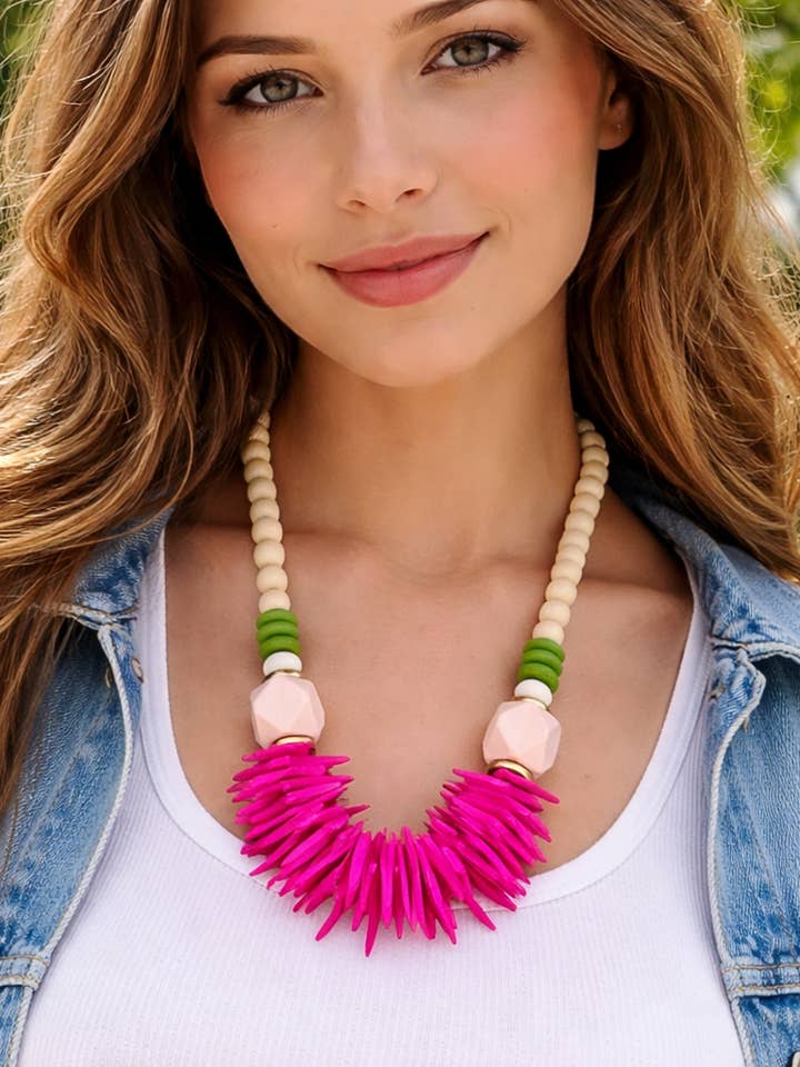 Pink mid length flat beads statement necklace large for wholesale by April Mae Designs