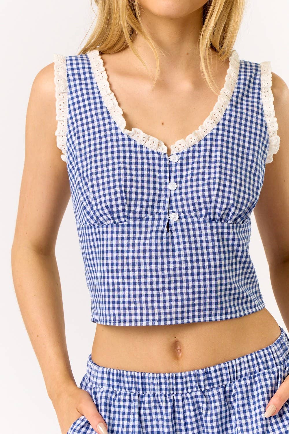 Blue Blush - Wholesale Blouse - Women's - Gingham Lace Crop Top2