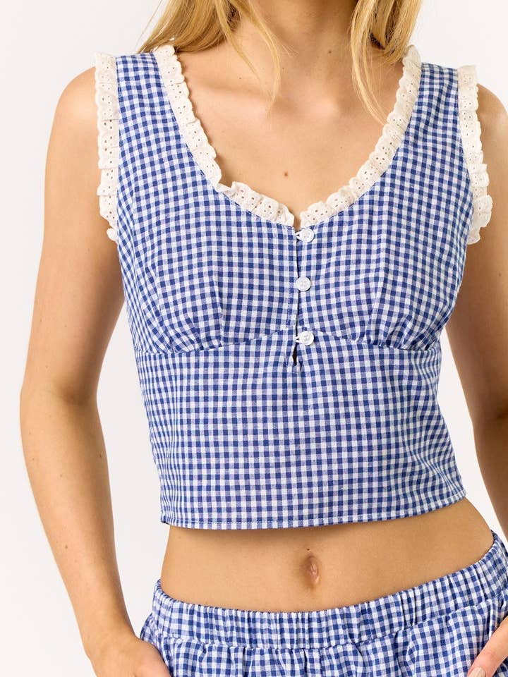 Blue Blush - Wholesale Blouse - Women's - IBT32237 Gingham Lace Crop Top2