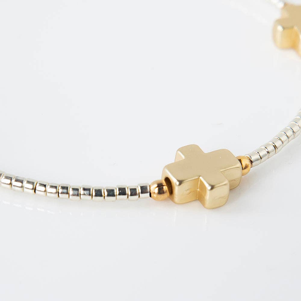 Lenny & Eva – wholesale Bangle bracelet – Faithful Beaded Cross Bangle w/ Matte Gold Crosses-Silver5