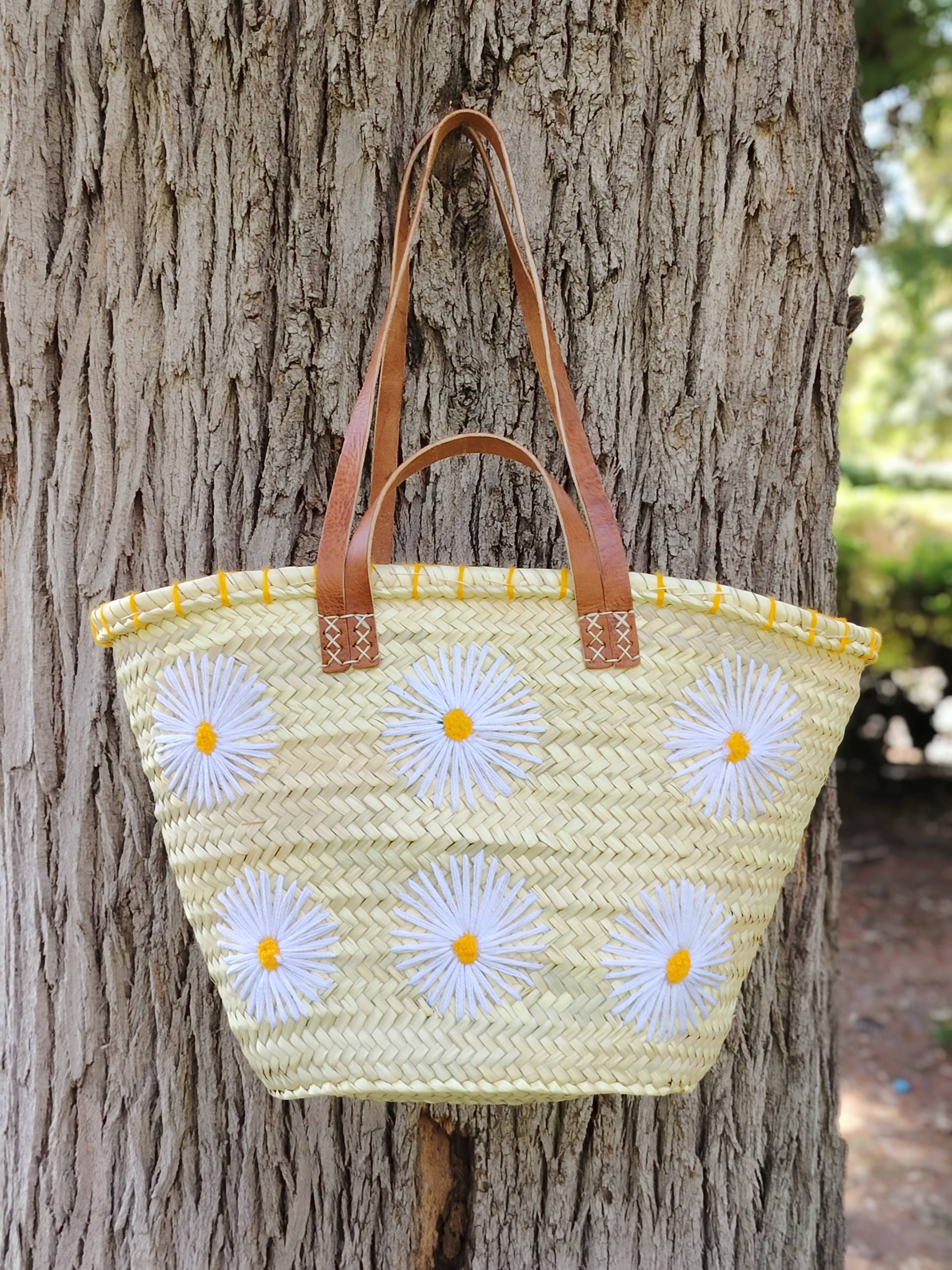 Twins Basket - Vente Sac de plage - Panier de marché en paille tressée à la main avec marguerites brodées7