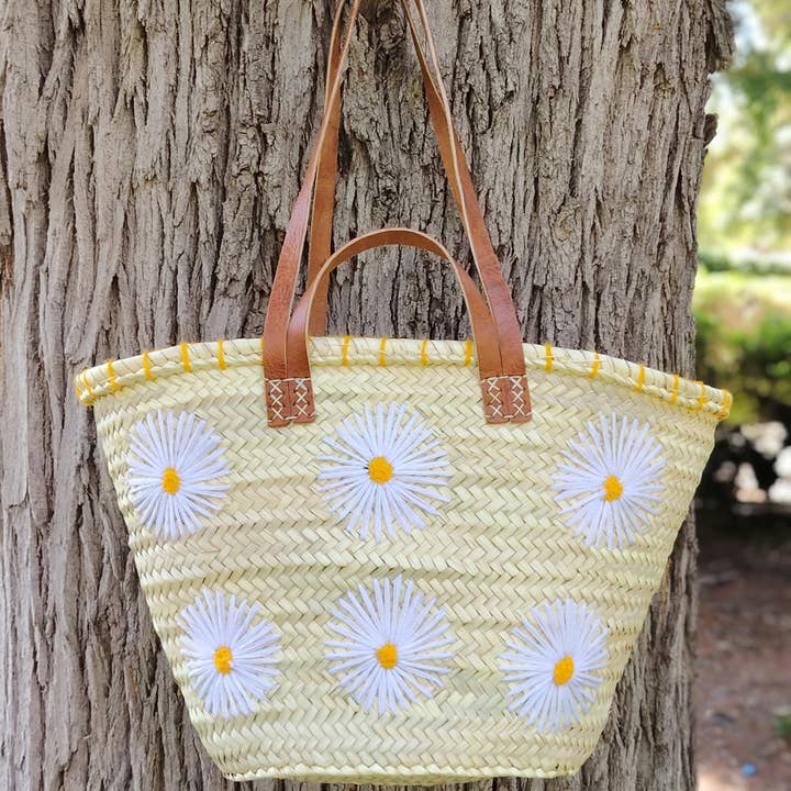 Twins Basket - Vente Sac de plage - Panier de marché en paille tressée à la main avec marguerites brodées7