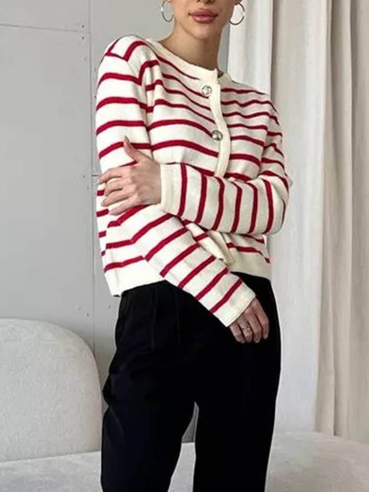 Cardigan a Maglia con Maniche Lunghe a Righe e Scollo Tondo DP25G977 per la vendita all'ingrosso da parte di Dipped Shop