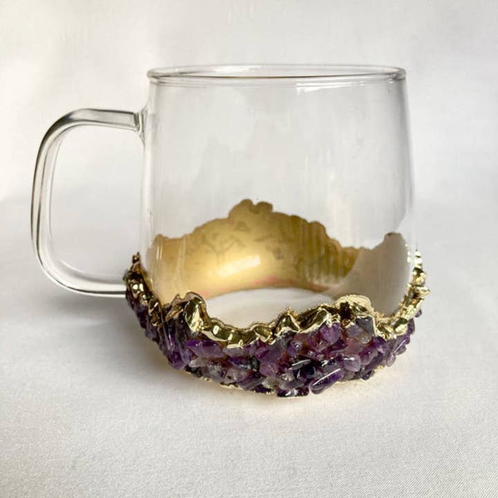 The Tangerine Store - Wholesale Coffee mug - Set of 2 |Crystal Glass Coffee/Tea/Juice Mugs with Gold Plated Purple Amethyst Agate/Quartz Semi-precious Crystals | 17 oz/500 ml