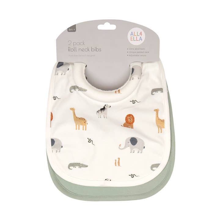 Roll Neck Bibs 2pk - Wild Animals for wholesale by All4Ella
