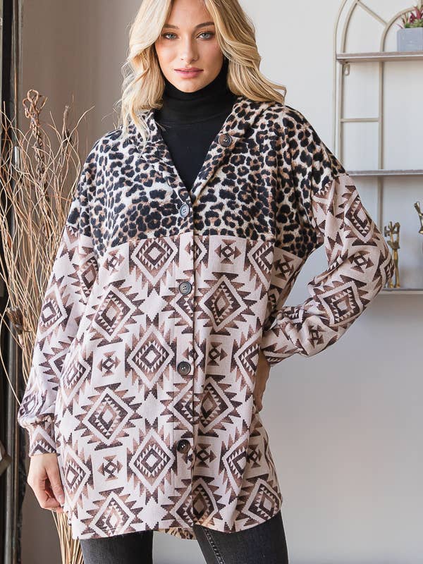 AZTEC AND ANIMAL LEOPARD BUTTON DOWN SHACKET for wholesale by Pink Irene Wholesale