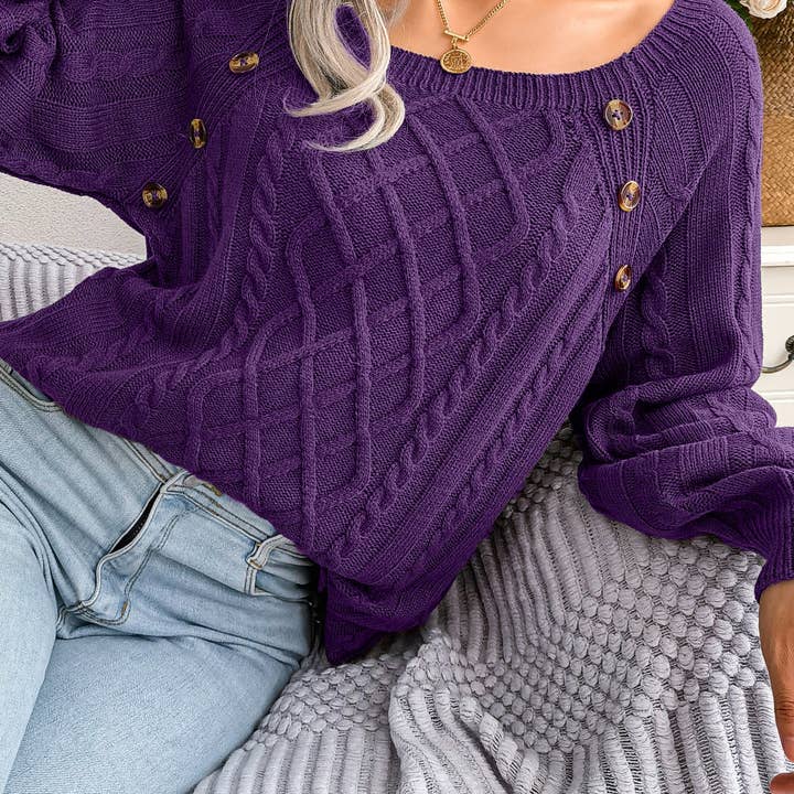 Suhkasana - Wholesale Knitted jumper – Women′s - Fall Winter Casual Square Neck Button Detail Cable Knit Swea45