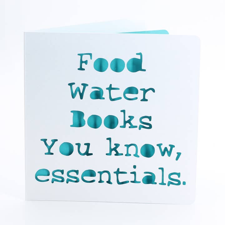 Food. Water. Books. Essentials - Birthday Card for wholesale by Paradise Papercraft