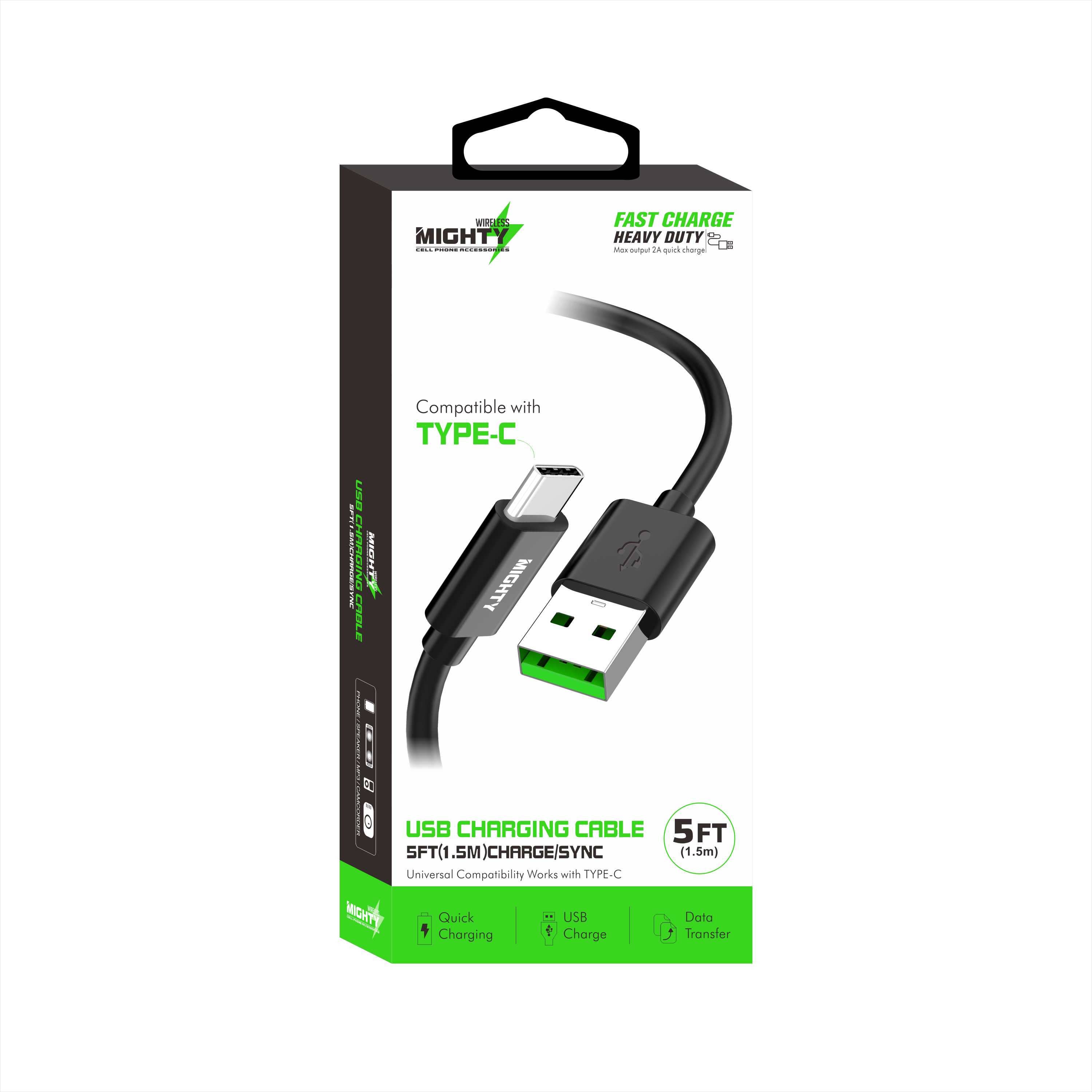 Mighty Wireless - Wholesale Charging cable - Mighty Fast Charging 5FT Type-C Cable Black MK12