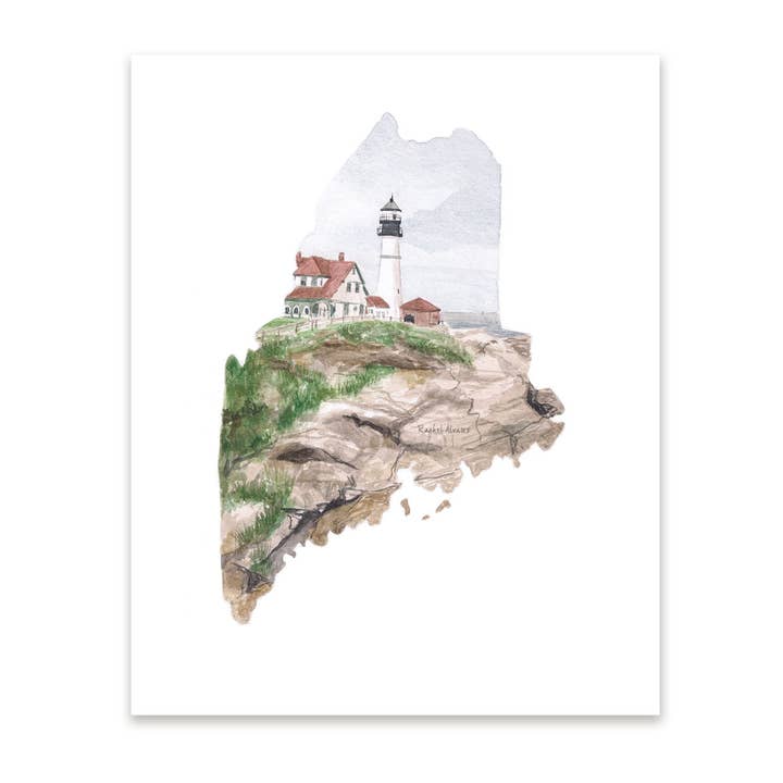Portland Head Lighthouse Maine State Watercolor Art Print for wholesale by Rachel Alvarez Art