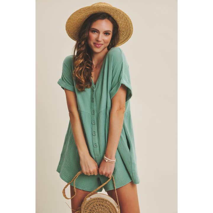 in february - Wholesale Romper - Women's - MINERAL-WASHED COTTON GAUZE OVERSIZED ROMPER