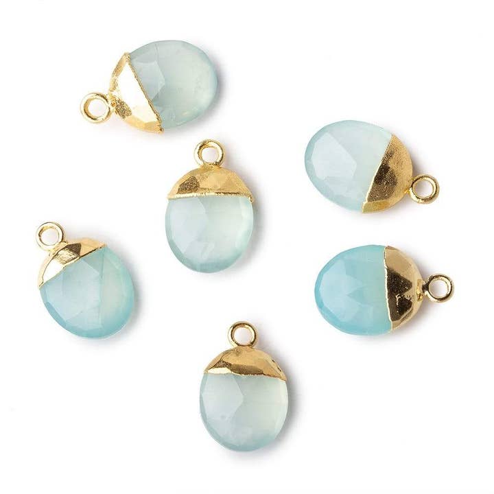Beads of Cambay – wholesale Individuell berlock/hänge – 10x8mm guld blad Seafoam grön Kalcedon Oval hänge förpackning 1
