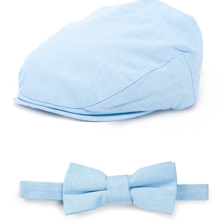 Ensemble chapeau de pilote et nœud papillon pour enfants en lin bleu pour la vente par Born To Love