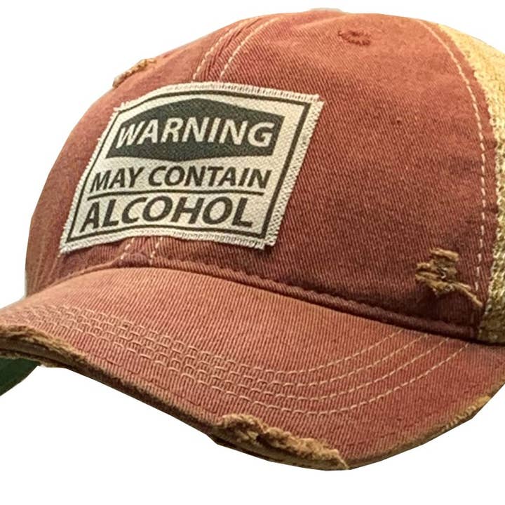 Warning May Contain Alcohol Distressed Trucker Baseball Cap for wholesale by Vintage Life