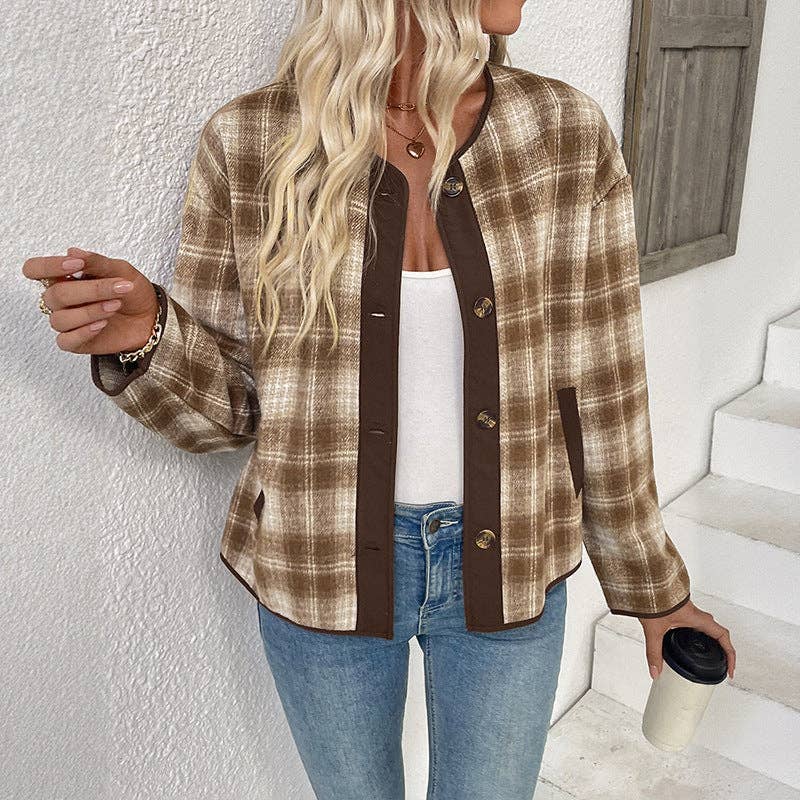 Khaki autumn and winter plush all-match top plaid coat retro for wholesale on Faire3
