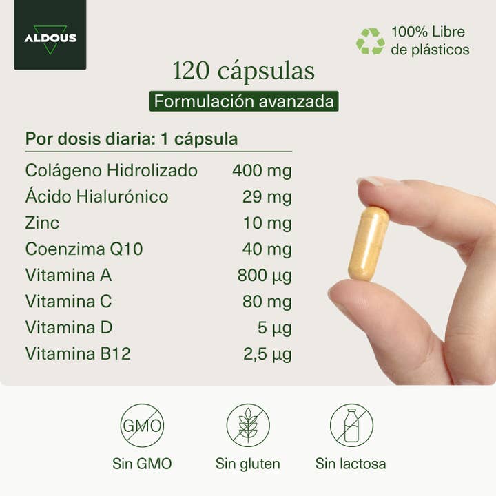 Aldous Bio - Venta al por mayor Suplementos/vitaminas para beber - Colágeno con Ácido Hialurónico Aldous | 120 cápsulas