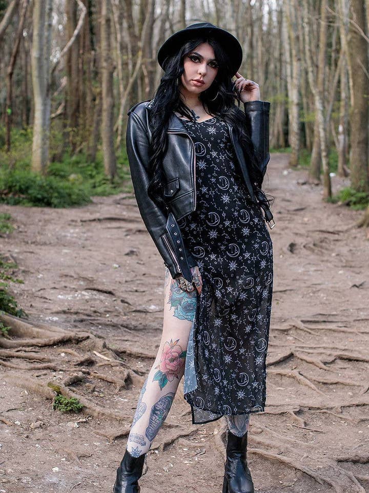 Vestido Maxi com Estampa Moonprint Alternativo Com Alças E Pernas Divididas por atacado de Timeless London